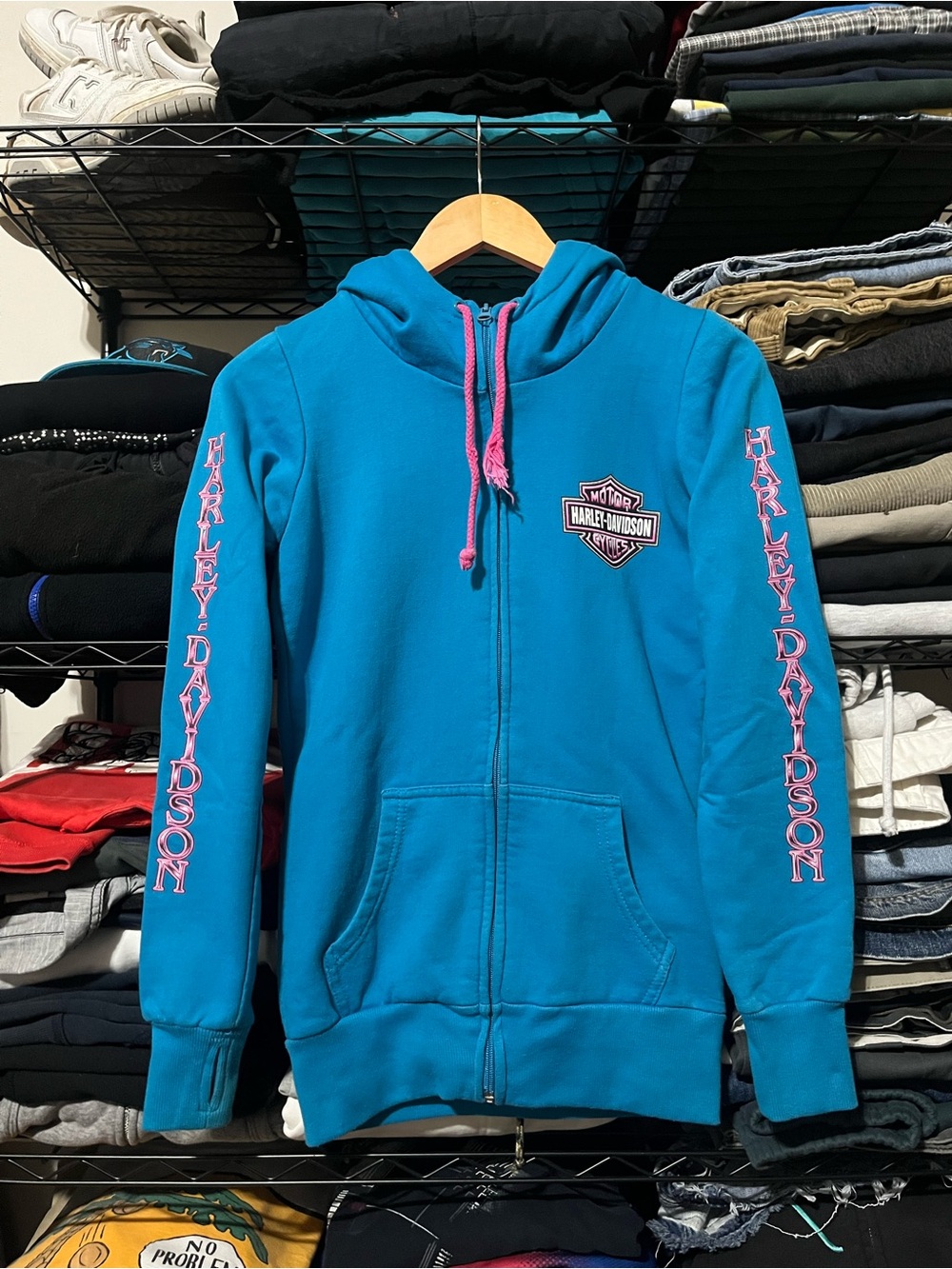 Harley-Davidson Blue Zip-Up Hoodie with Pink Accents